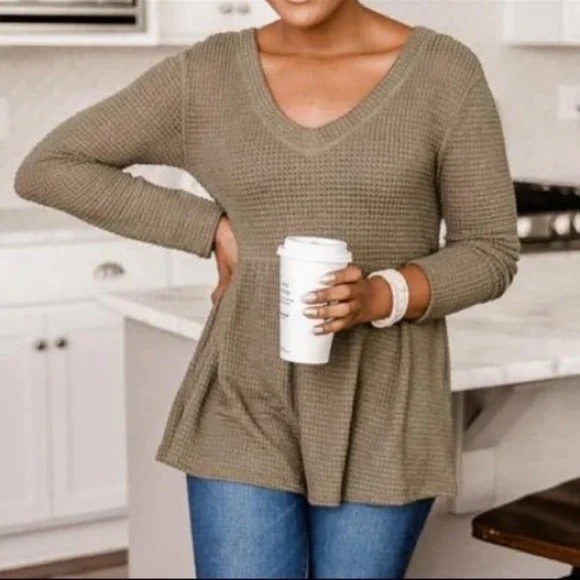 Chance To Shine Olive Peplum Waffle Knit Blouse - Picture 2 of 6